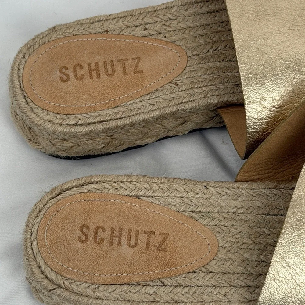 Schutz Gold Metallic Leather Double Strap Espadrille Platform Slides‎ Size 9 40